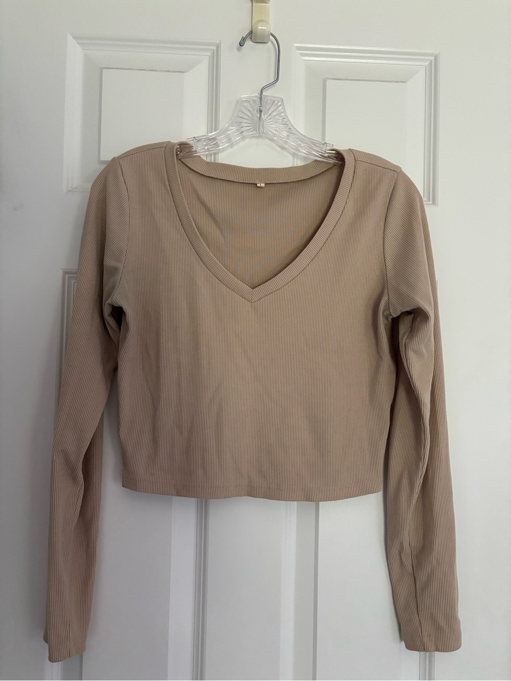 Ribbed V-Neck Long Sleeve Crop Top - Beige